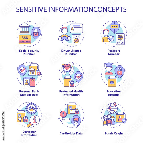 Sensitive information concept icons set. Protect personal and corporate data. Safety idea thin line color illustrations. Isolated outline drawings. Roboto-Medium, Myriad Pro-Bold fonts used