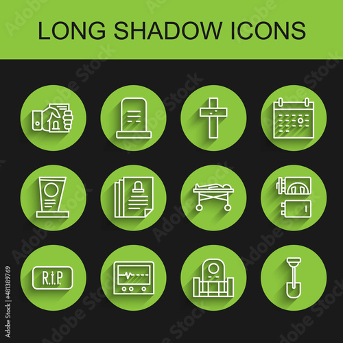 Set line Speech bubble rip death, Beat dead in monitor, Death certificate hand, Grave with tombstone, Shovel, Crematorium and Dead body the morgue icon. Vector
