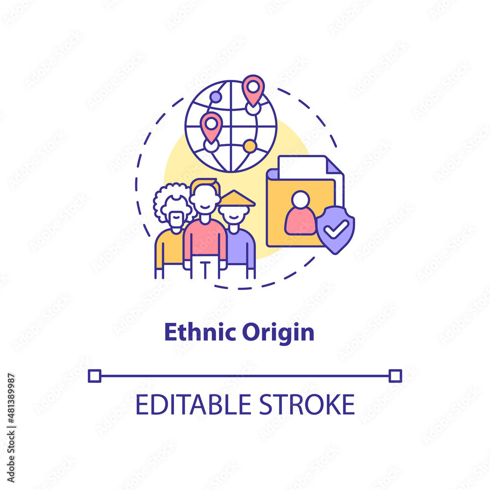Ethnic origin concept icon. Type of sensitive information. Data safety abstract idea thin line illustration. Isolated outline drawing. Editable stroke. Roboto-Medium, Myriad Pro-Bold fonts used