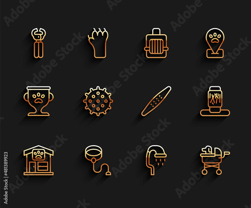 Set line Pet grooming, Retractable cord leash, nail clippers, shower, stroller, Tennis ball, Cat scratching post and Nail file pet icon. Vector