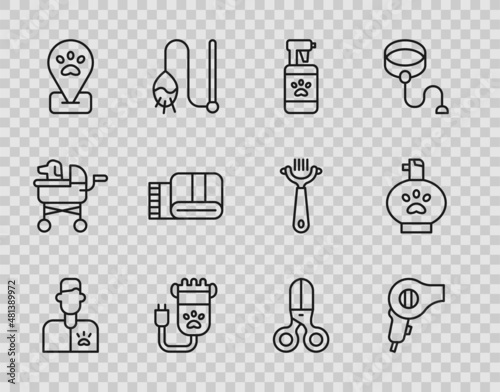 Set line Veterinarian doctor, Hair dryer, Pet shampoo, clipper pet, Location grooming, Towel stack, Scissors hairdresser and icon. Vector