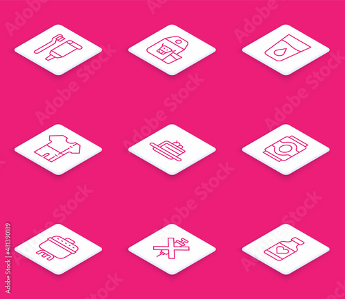 Set line Toothbrush and toothpaste, Paper package for milk, Glass with water, Sport track suit, Cake, Soda can, Cooking pot and No doping syringe icon. Vector