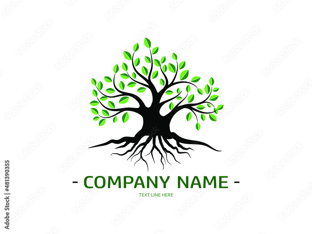 Obraz premium Tree and roots with green leaves look beautiful and refreshing. Tree and roots LOGO style.