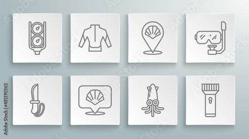 Set line Knife, Wetsuit, Scallop sea shell, Octopus, Flashlight, Diving mask and snorkel and Gauge scale icon. Vector
