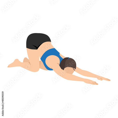 Woman doing extended puppy pose uttana shishosana exercise. Flat vector illustration isolated on white background