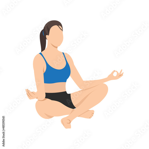 Woman doing easy pose sukhasana exercise. Flat vector illustration isolated on white background
