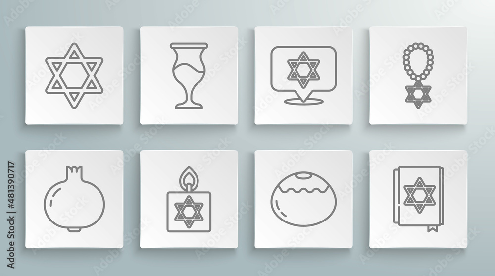 Set line Pomegranate, Jewish goblet, Burning candle, sweet bakery, torah book, Star of David, necklace on chain and icon. Vector