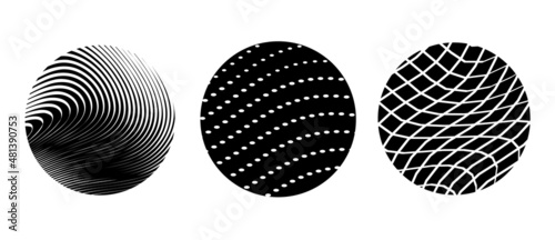 Vector set of abstract black and white geometric illustration of different pattern in round frame, decorative line and dot background