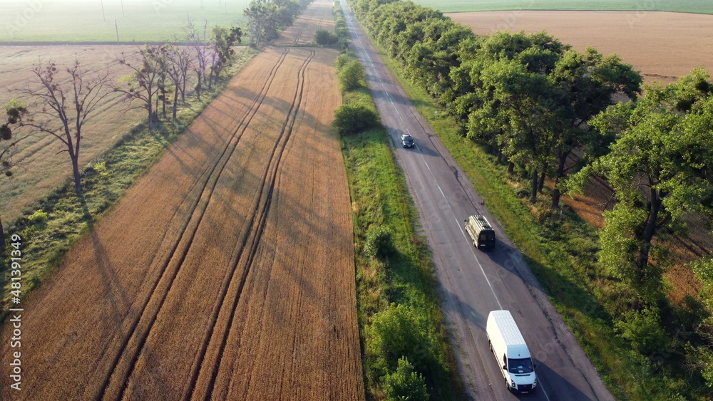 Aerial drone view flight over highway wheat field and green trees at sunset dawn