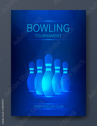 Fotografija Bowling tournament poster. Vector blue neon bowling skittles.