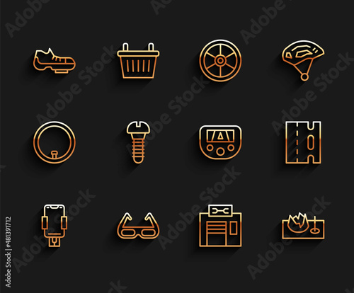 Set line Mobile holder, Sport cycling sunglasses, Bicycle shoes, repair service, on street ramp, Metallic screw, lane and Gps device with map icon. Vector