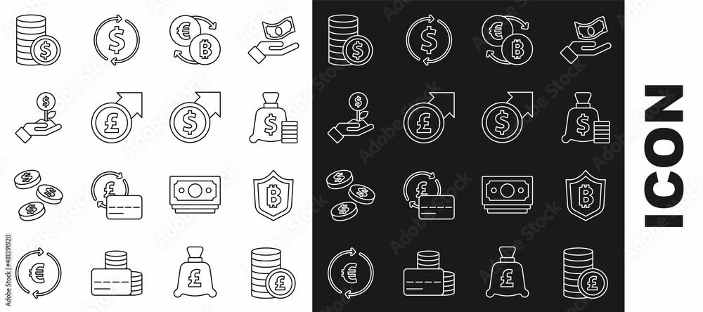 Set line Coin money with pound, Shield bitcoin, Money bag, Cryptocurrency exchange, Financial growth and, Dollar plant, dollar and icon. Vector Set line Coin money with pound, Shield bitcoin, Money bag, Cryptocurrency exchange, Financial growth and, Dollar plant, dollar and icon. Vector
