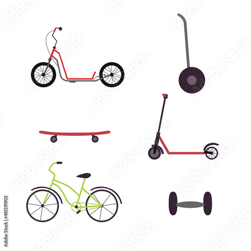 Set of bicycle, scooters and skateboard icons in trendy flat style. Vector illustrations isolated on white. 