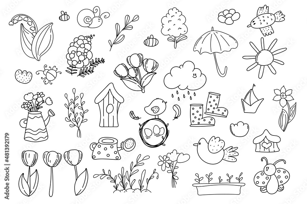 Spring and Easter doodle collection, flowers and decorations. Easter spring set with cute eggs, birds, bees, butterflies. Hand drawn vector illustration.