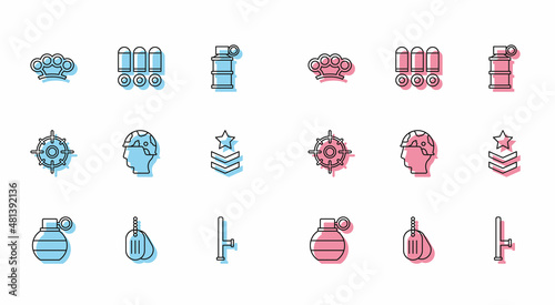 Set line Hand grenade, Military dog tag, Brass knuckles, Police rubber baton, Army soldier, rank, Target sport and Bullet icon. Vector
