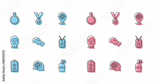 Set line Military rank, Target sport, Canteen water bottle, Hand grenade, Gas mask, dog tag, Balaclava and reward medal icon. Vector
