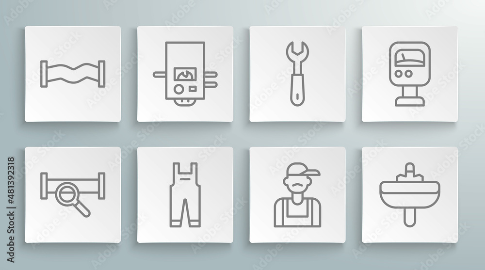 Set line Industry metallic pipe, Gas boiler, Work overalls, Plumber, Washbasin, Wrench spanner, Pressure water meter and icon. Vector Set line Industry metallic pipe, Gas boiler, Work overalls, Plumber, Washbasin, Wrench spanner, Pressure water meter and icon. Vector