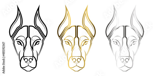 Three color black gold and silver line art of Doberman Pinscher dog head Good use for symbol, mascot icon avatar tattoo T Shirt design logo or any design you want