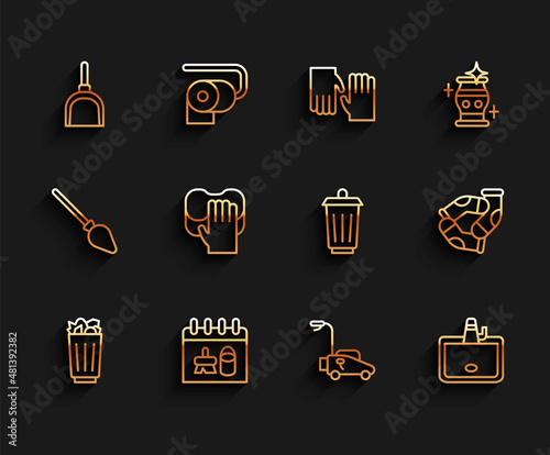 Set line Full trash can, Cleaning calendar, Dustpan, Lawn mower, Washbasin, service, Socks and Trash icon. Vector