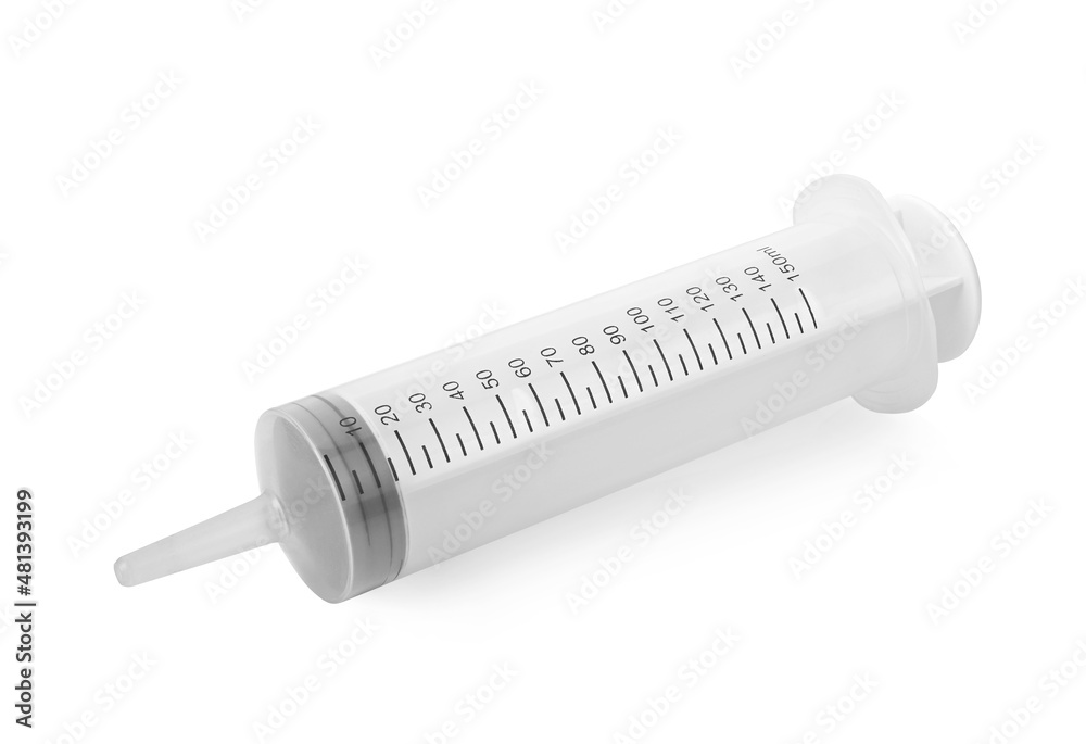 Large Plastic Syringe isolated on white background. top view Large Plastic Syringe isolated on white background. top view