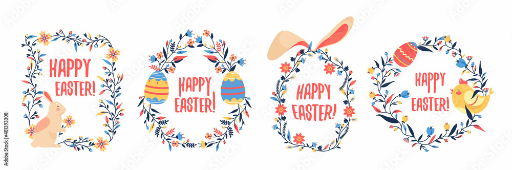 Fototapeta premium Easter decorative frames or banners, vector set.