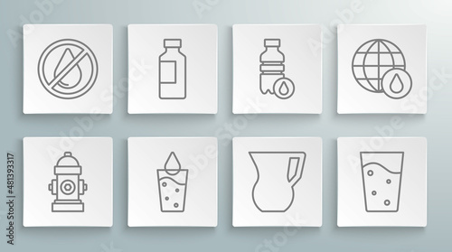 Set line Fire hydrant, Bottle of water, Glass with, Jug glass, Earth planet in drop and Water forbidden icon. Vector