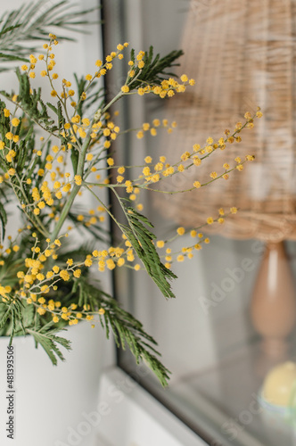 A branch of mimosa in a white vase on a windowsill, a reflection of its branches in a window, a lamp behind a window with a wicker shade and Easter eggs.