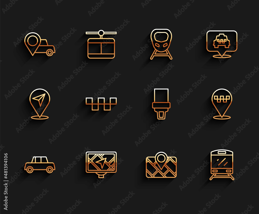 Set line Car, Gps device with map, Location taxi, Train, Taxi car roof, and Safety belt icon. Vector Set line Car, Gps device with map, Location taxi, Train, Taxi car roof, and Safety belt icon. Vector