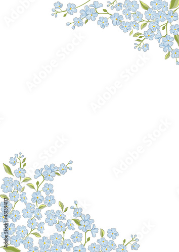 Forget-me-not hand drawn corner frame vector illustration isolated on white. Vintage Romantic floral arrangement for wedding invitation, Birthday, Mothers Day, Woman Day, Happy Easter card design.