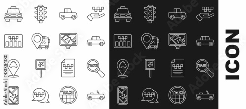 Set line Car, Magnifying glass and taxi car, Location with bus, Taximeter, and Gps device map icon. Vector