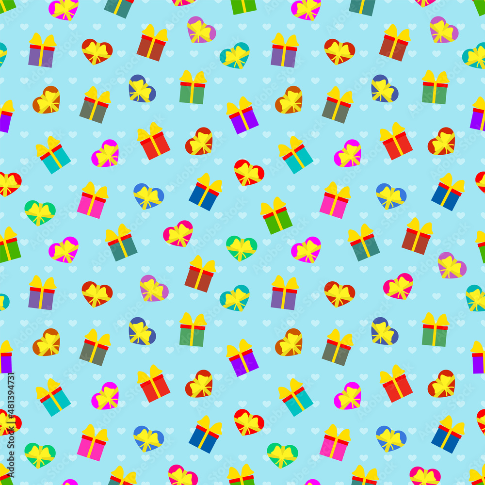 Giftboxes and hearts with ribbon bow. Vector festive background seamless repeating pattern. Editable template. Giftboxes and hearts with ribbon bow. Vector festive background seamless repeating pattern. Editable template.