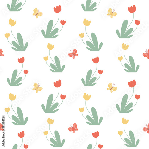 Floral seamless pattern with summer cartoon flowers and butterflies.