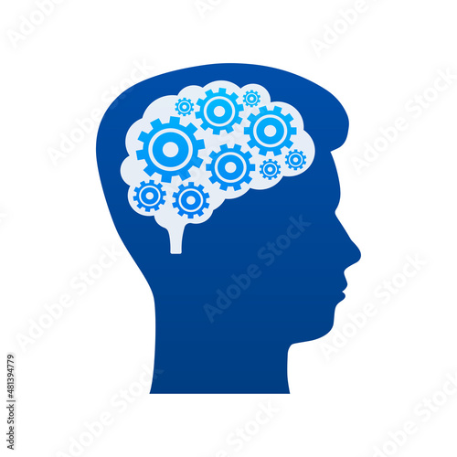 Abstract icon with silhouette man head gears on light background. Mental health concept. Business concept. Isolated vector.