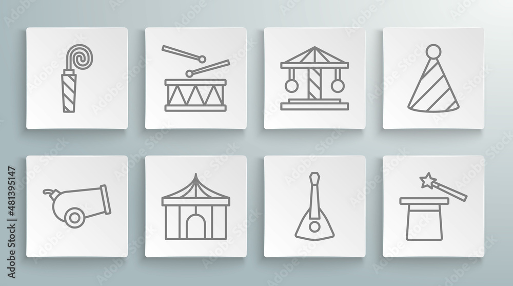 Set line Cannon, Drum with drum sticks, Circus tent, Balalaika, Magic hat and wand, Attraction carousel, Party and Birthday party horn icon. Vector Set line Cannon, Drum with drum sticks, Circus tent, Balalaika, Magic hat and wand, Attraction carousel, Party and Birthday party horn icon. Vector