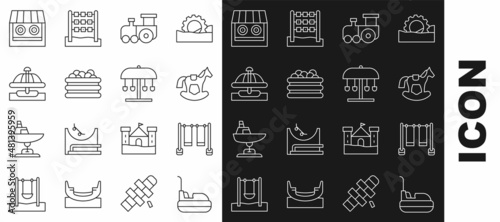 Set line Bumper car, Double swing, Horse saddle, Toy train, Pool with balls, Attraction carousel, Shooting gallery and icon. Vector