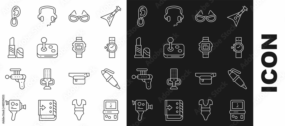 Set line Tetris, Fountain pen nib, Wrist watch, Glasses, Joystick, Lipstick, Ear with earring and icon. Vector Set line Tetris, Fountain pen nib, Wrist watch, Glasses, Joystick, Lipstick, Ear with earring and icon. Vector