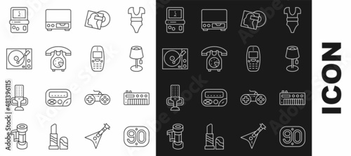 Set line 90s Retro, Music synthesizer, Floor lamp, Vinyl disk, Telephone handset, player, Tetris and Old mobile icon. Vector