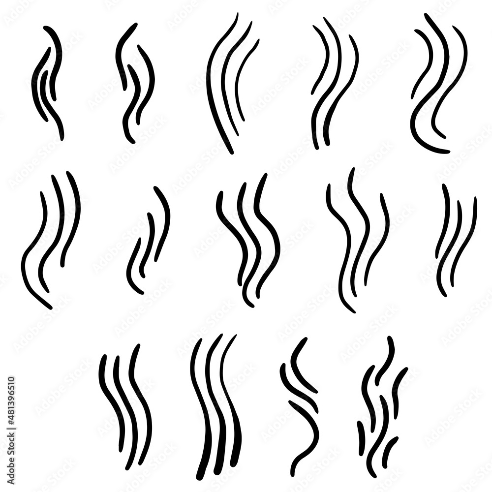 Aromas vaporize icons. Smells linear icon set, hot aroma, stink or cooking steam symbols, smelling or vapor, smoking or odors signs isolated on white. Aromas vaporize icons. Smells linear icon set, hot aroma, stink or cooking steam symbols, smelling or vapor, smoking or odors signs isolated on white.