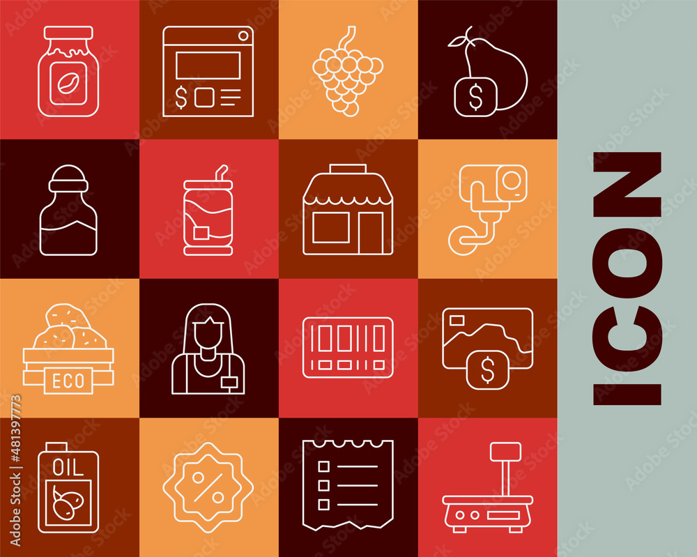 Set line Electronic scales, Credit card, Security camera, Grape fruit, Soda can, Spice in, Coffee jar bottle and Market store icon. Vector Set line Electronic scales, Credit card, Security camera, Grape fruit, Soda can, Spice in, Coffee jar bottle and Market store icon. Vector