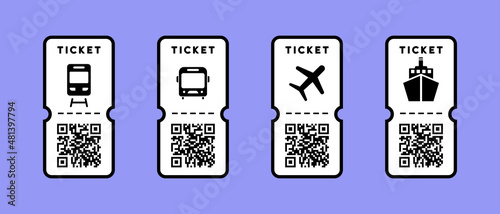 Transport ticket icon set. Plane, trane board and bus ticket. Vector EPS 10. Isolated on white background photo