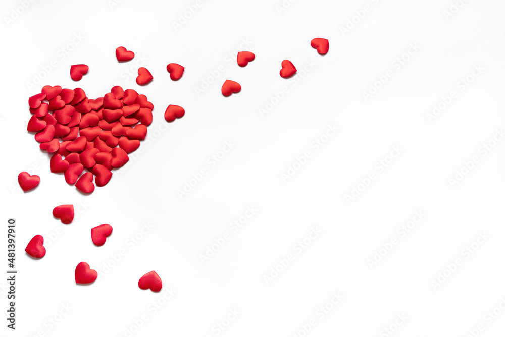 Red hearts on white. Valentine's Day greeting card. Flat lay. Copy space Red hearts on white. Valentine's Day greeting card. Flat lay. Copy space