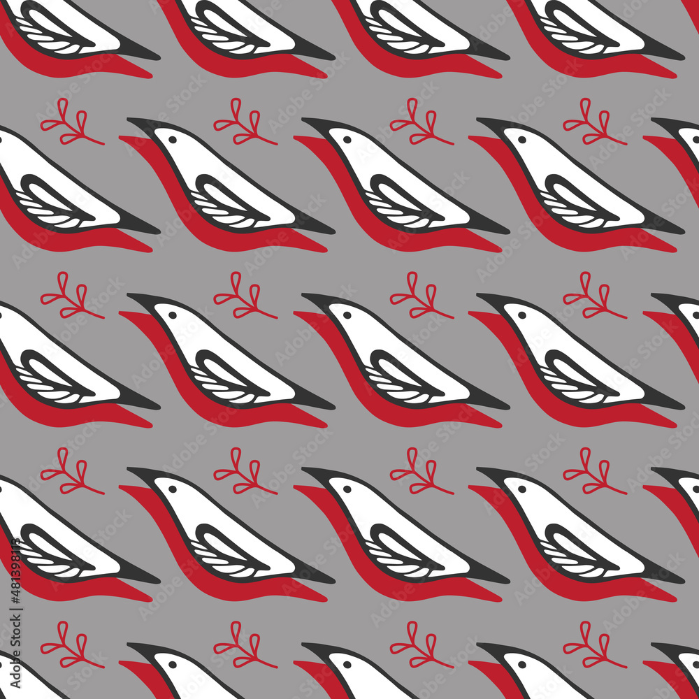 Seamless pattern with birds and twigs on a gray background. Birds design print for wrapping paper, wallpaper, textile. Seamless pattern with birds and twigs on a gray background. Birds design print for wrapping paper, wallpaper, textile.