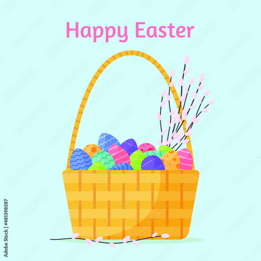 Easter basket with painted eggs and pussy willow. Flat vector illustration Happy Easter