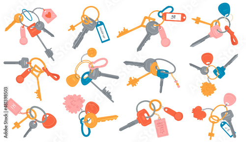 Bunch with keys and keychains to lock and unlock home door set vector illustration. Cartoon collection with different keys, toys on chain hanging on keyring, security of house isolated on white