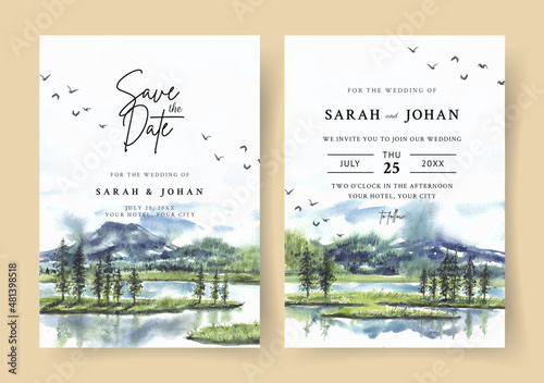 Wedding invitation with reflection of pine trees and mountain in lake watercolor