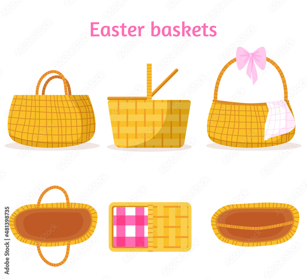 Easter baskets set isolated on a white background. Flat style vector 