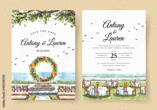 Watercolor wedding invitation of nature landscape with beautiful wedding gate view 