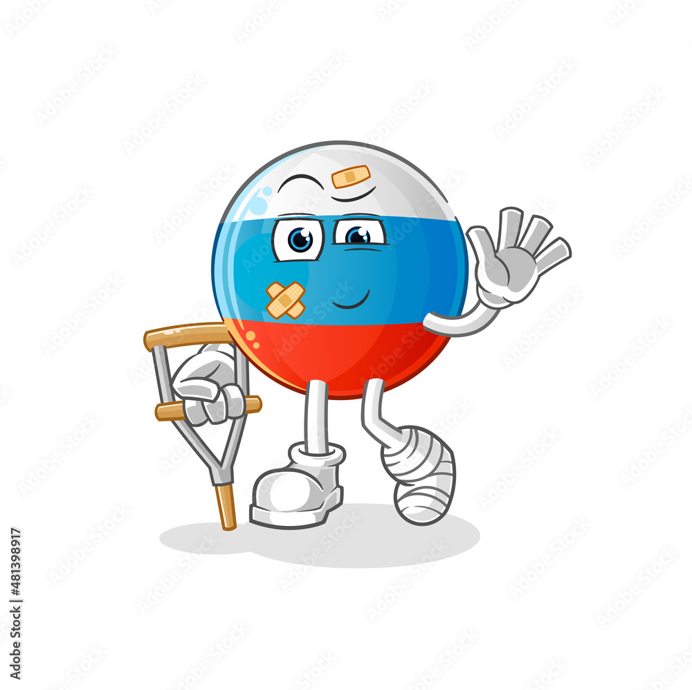 russia flag sick with limping stick. cartoon mascot vector