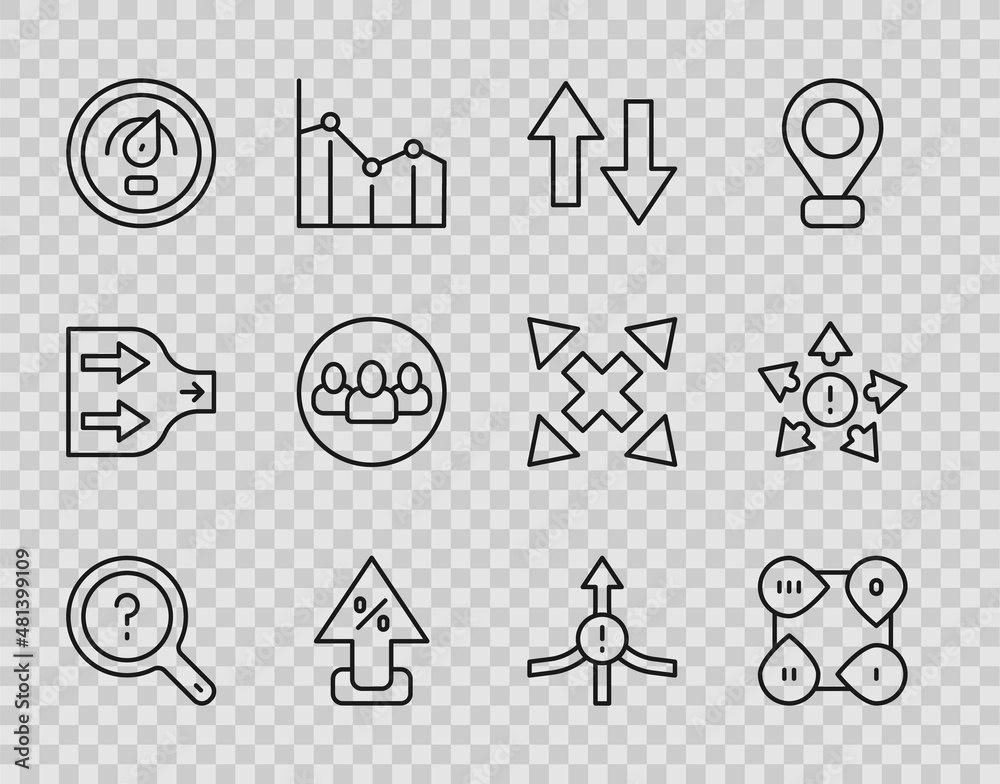 Fototapeta premium Set line Unknown search, Infographic element, Arrow, Percent up arrow, Digital speed meter, Project team base, and Many ways directional icon. Vector