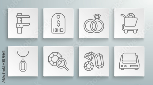 Set line Pendant on necklace, Price tag with dollar, Gem stone, Electronic jewelry scales, Wedding rings, Jewelry online shopping and Calliper or caliper and icon. Vector